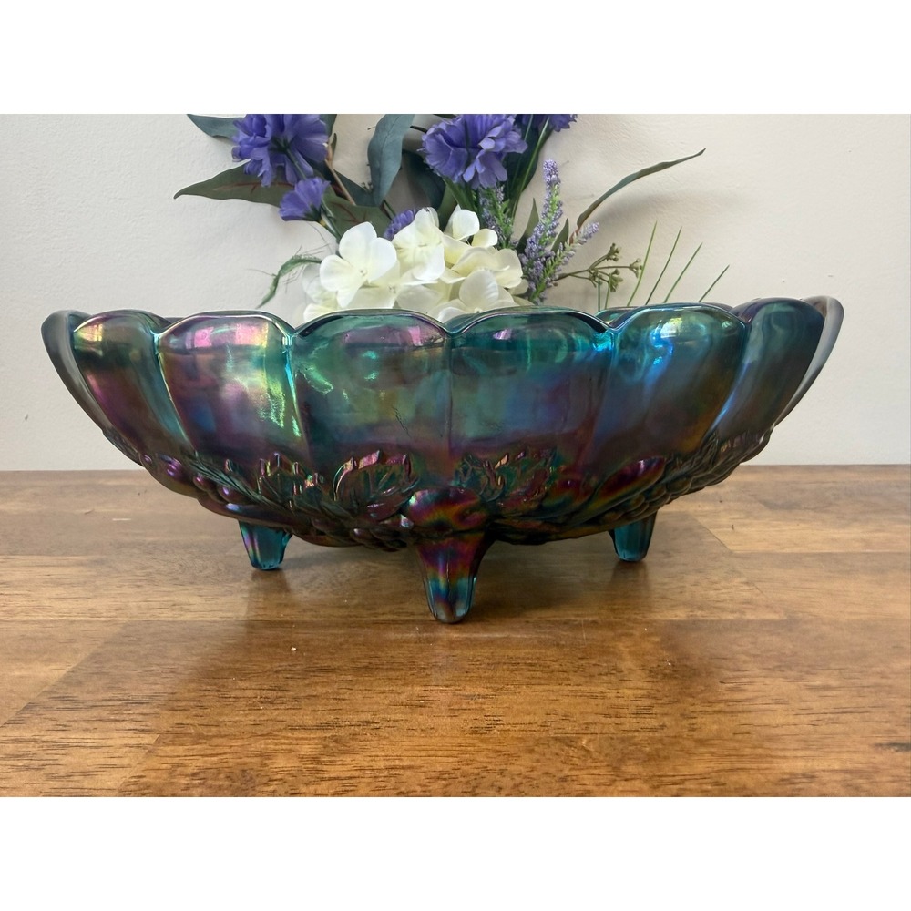 Vintage Indiana Glass Blue Carnival Glass Harvest Grape Footed‎ Bowl Iridescent